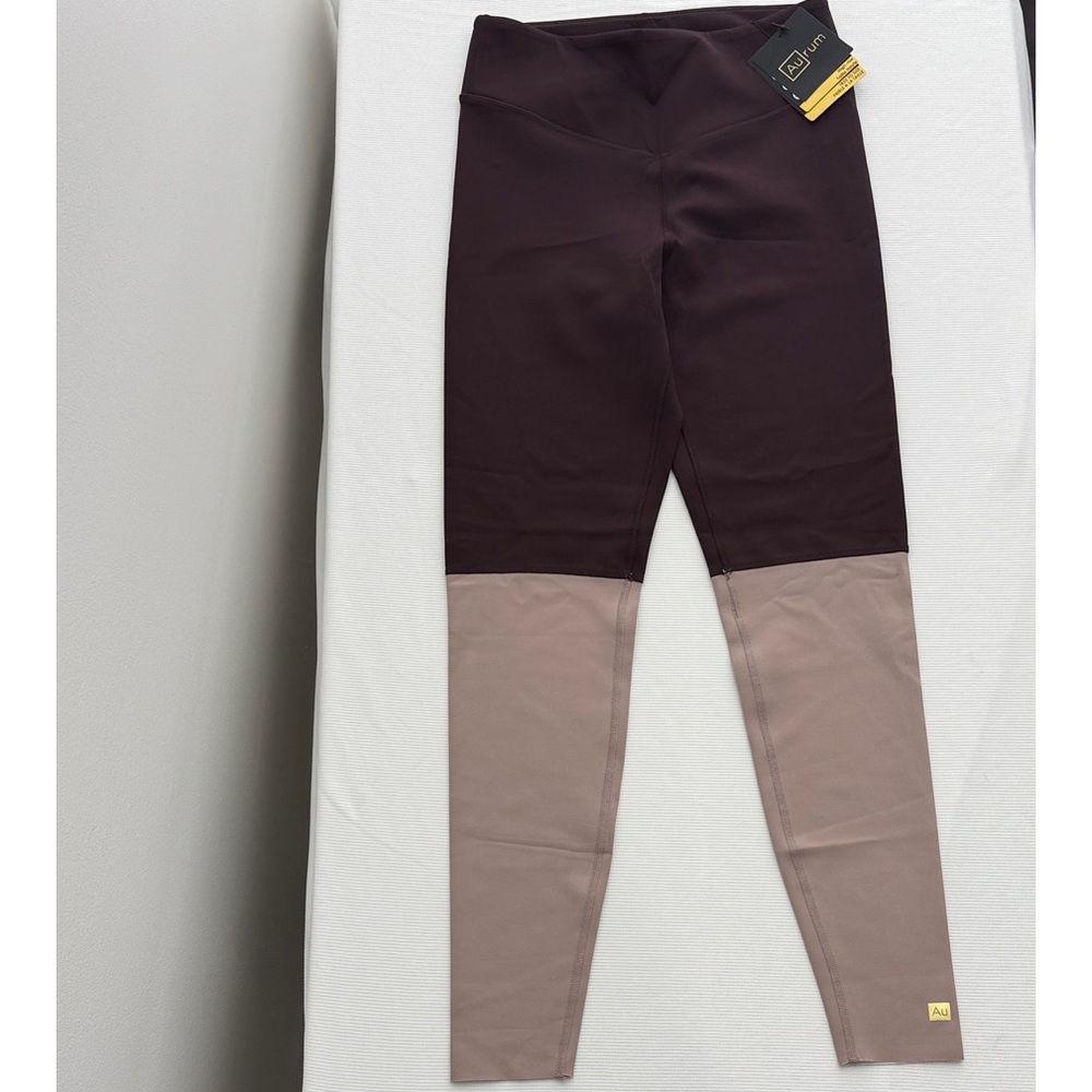 NWT Aurum Activewear M Brown Tan Colorblock Leggings w/ Built-in Thong High Rise